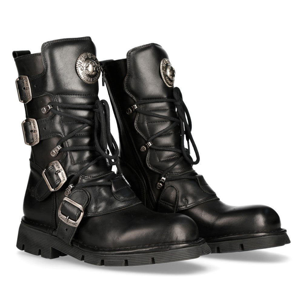 New Rock M-1473-S1 Black Leather Silver Buckle Strap Mid-Calf Boots ...