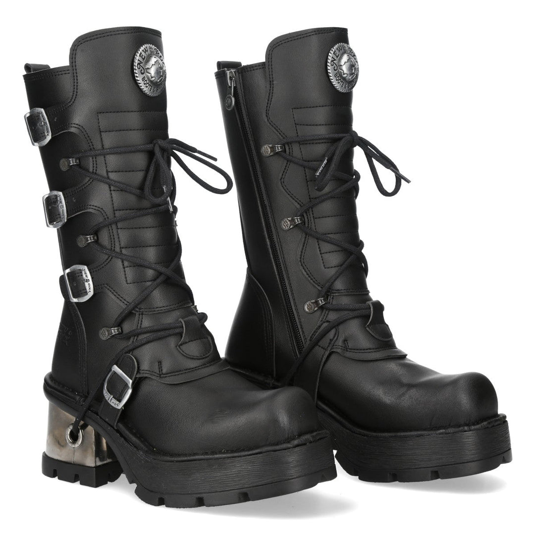 New Rock M-373-V94 Black Vegan Leather Buckle Strap Mid-Calf Boots