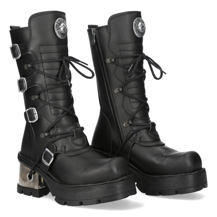 New Rock M-373-V94 Black Vegan Leather Buckle Strap Mid-Calf Boots