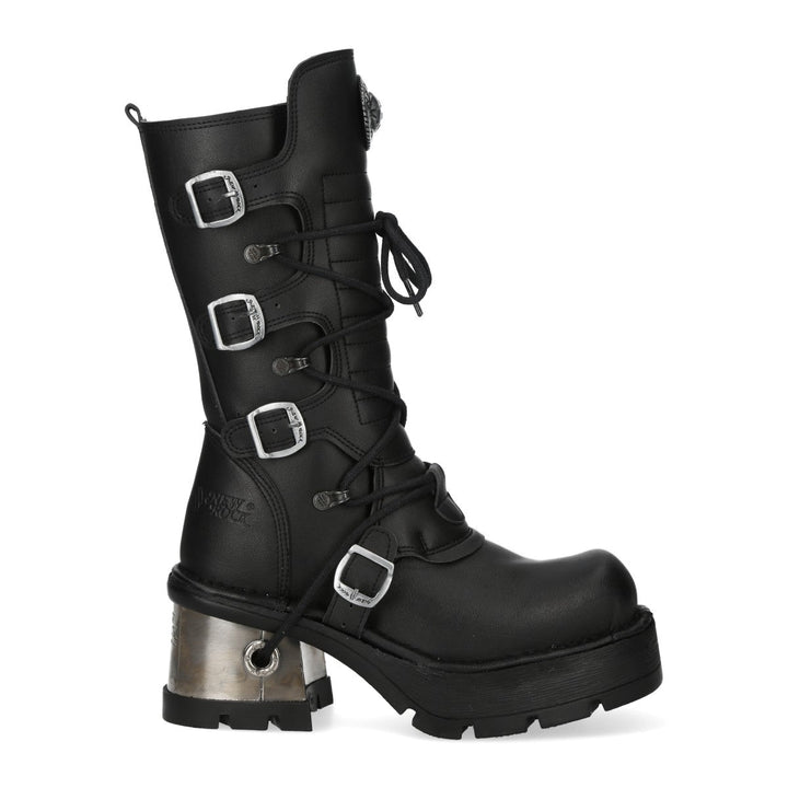 New Rock M-373-V94 Black Vegan Leather Buckle Strap Mid-Calf Boots