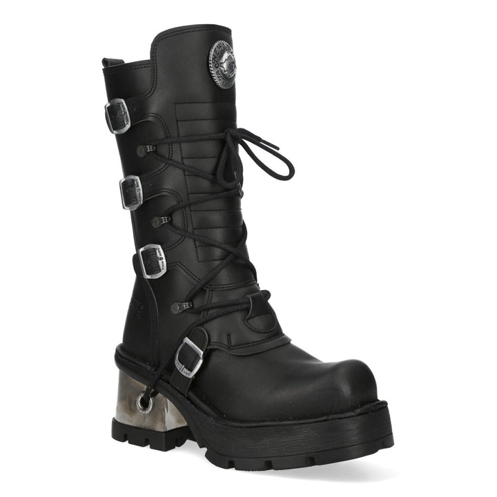 New Rock M-373-V94 Black Vegan Leather Buckle Strap Mid-Calf Boots