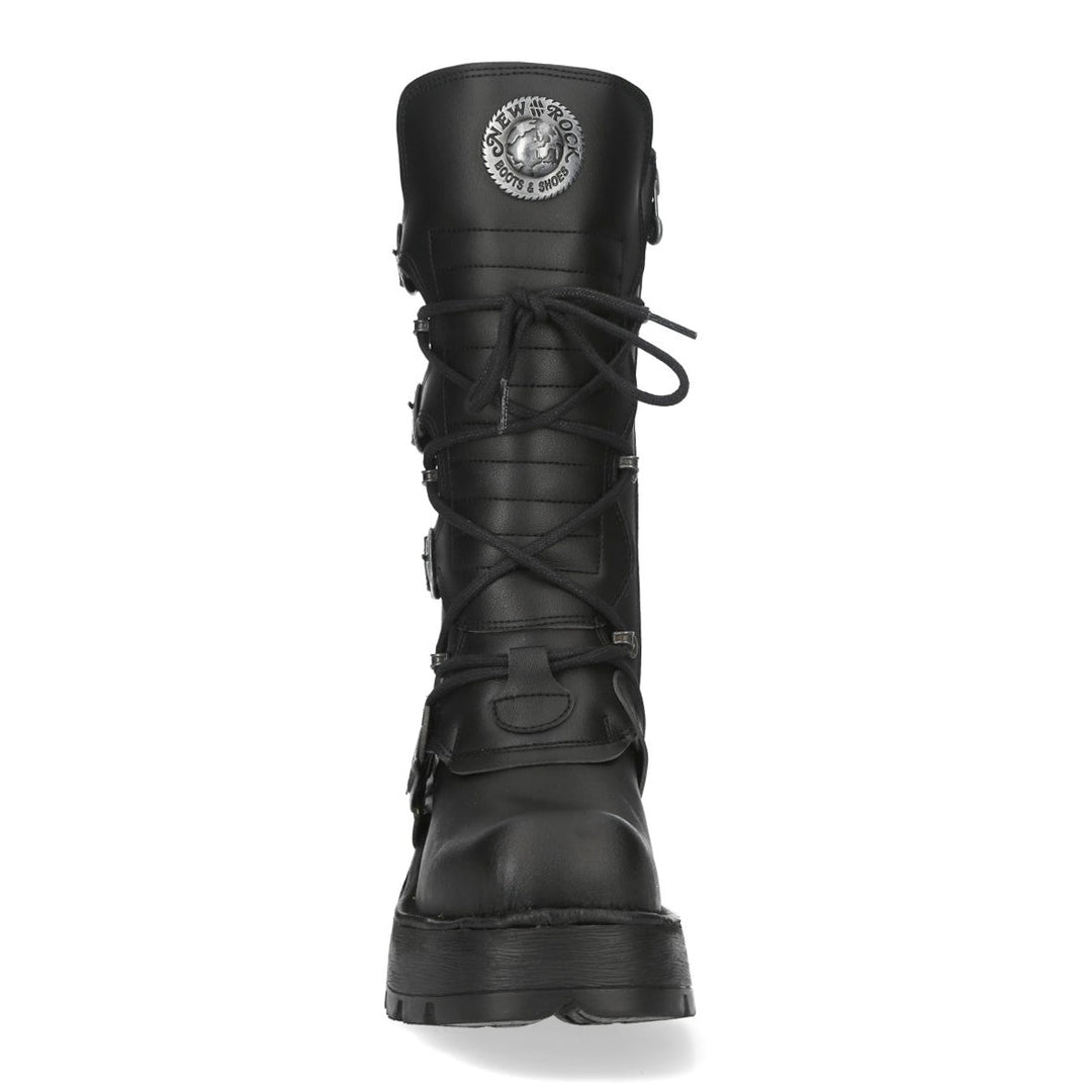 New Rock M-373-V94 Black Vegan Leather Buckle Strap Mid-Calf Boots