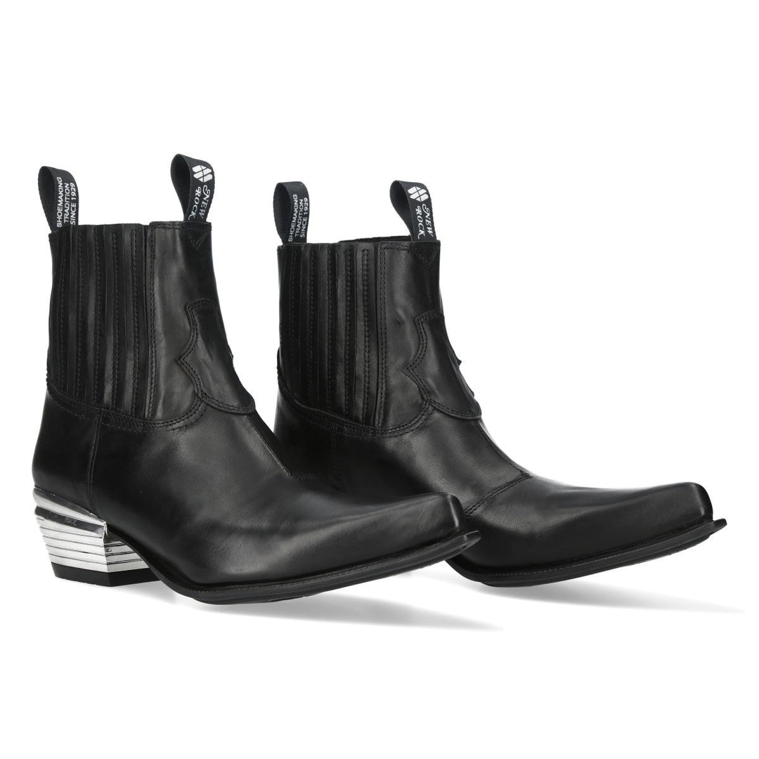 New Rock M-7953V-C3 Black Leather Western Chelsea Boots with Ridged Metal Heel