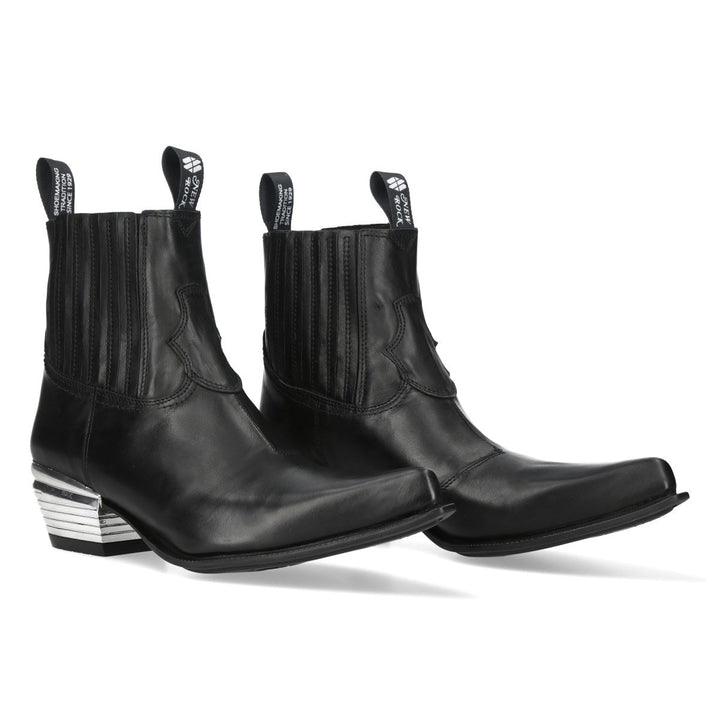 New Rock M-7953V-C3 Black Leather Western Chelsea Boots with Ridged Metal Heel