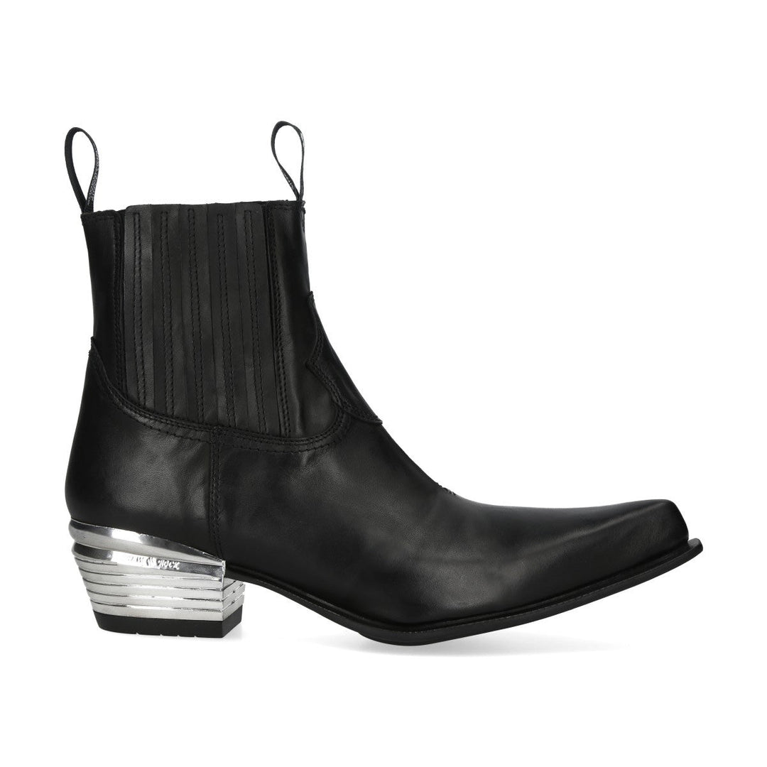 New Rock M-7953V-C3 Black Leather Western Chelsea Boots with Ridged Metal Heel