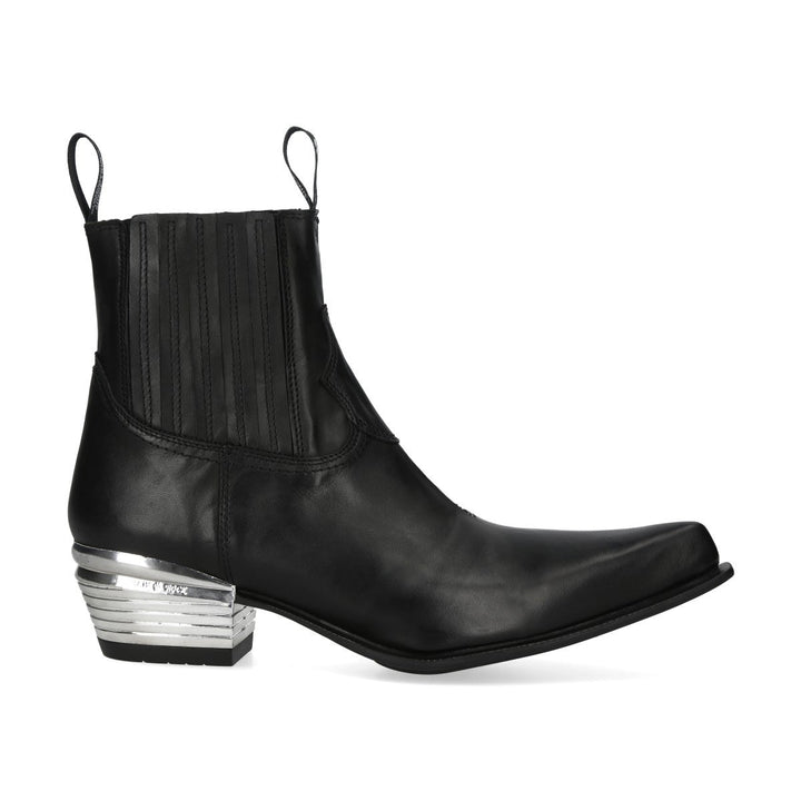 New Rock M-7953V-C3 Black Leather Western Chelsea Boots with Ridged Metal Heel