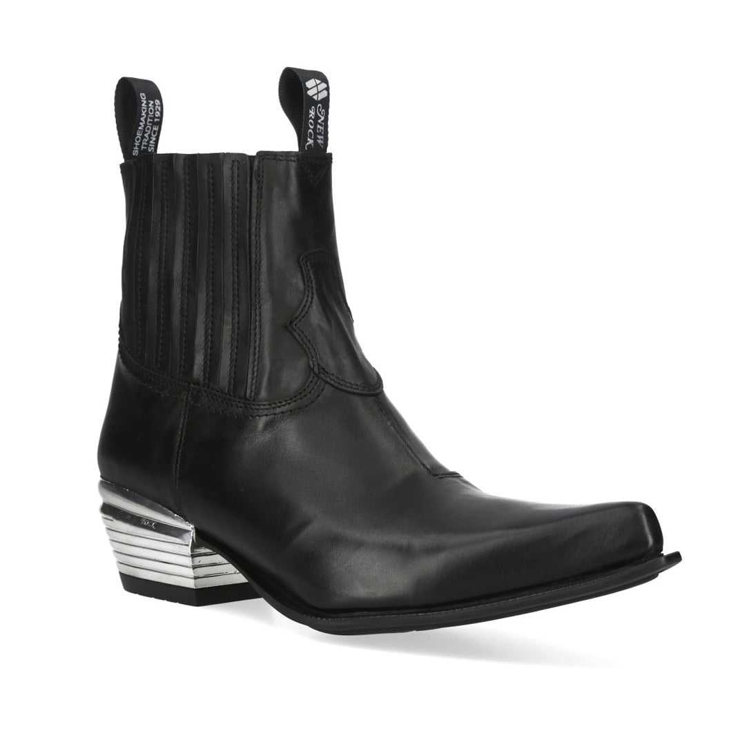 New Rock M-7953V-C3 Black Leather Western Chelsea Boots with Ridged Metal Heel