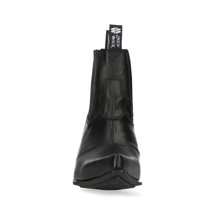New Rock M-7953V-C3 Black Leather Western Chelsea Boots with Ridged Metal Heel