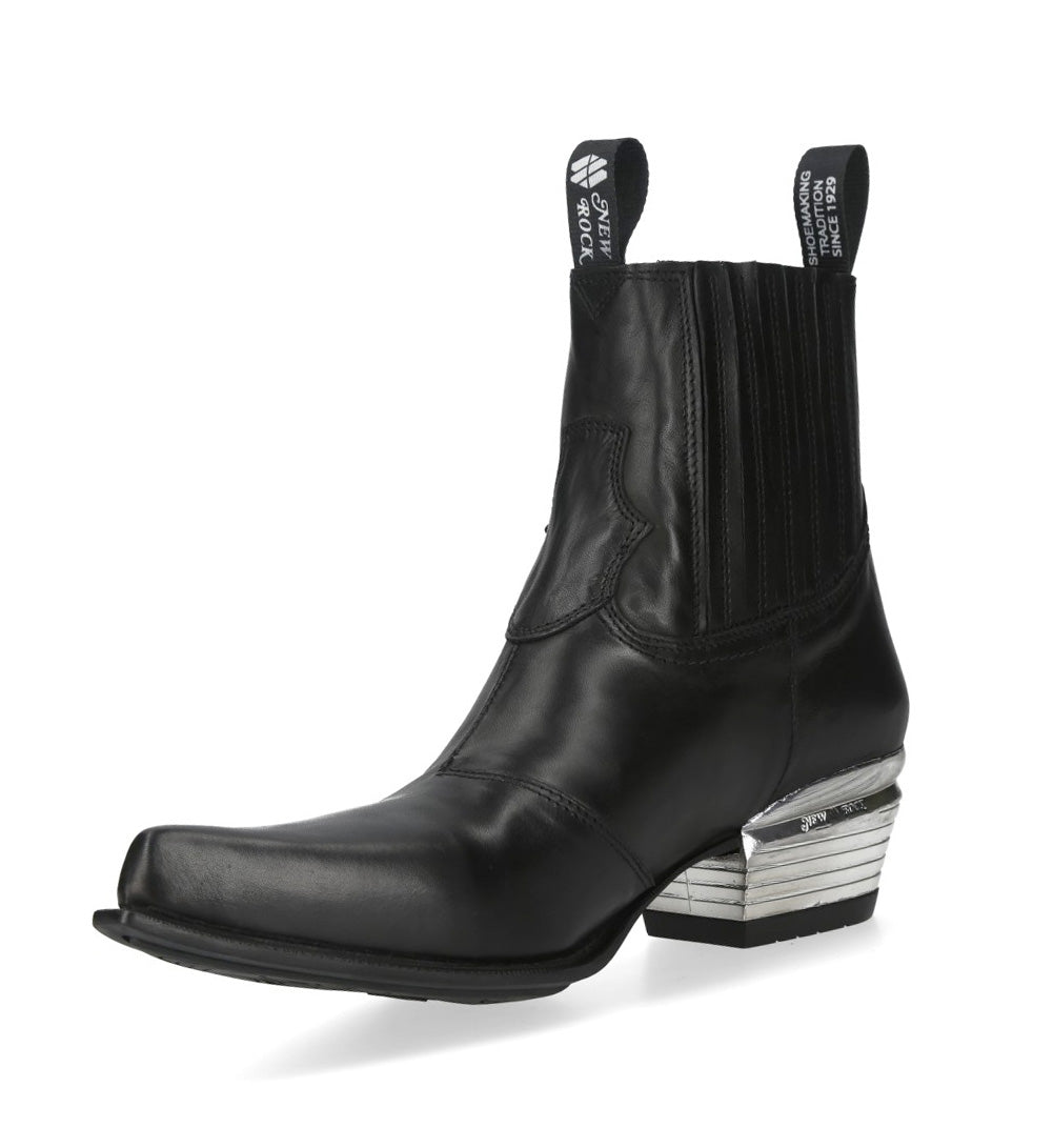 New Rock M-7953V-C3 Black Leather Western Chelsea Boots with Ridged Metal Heel