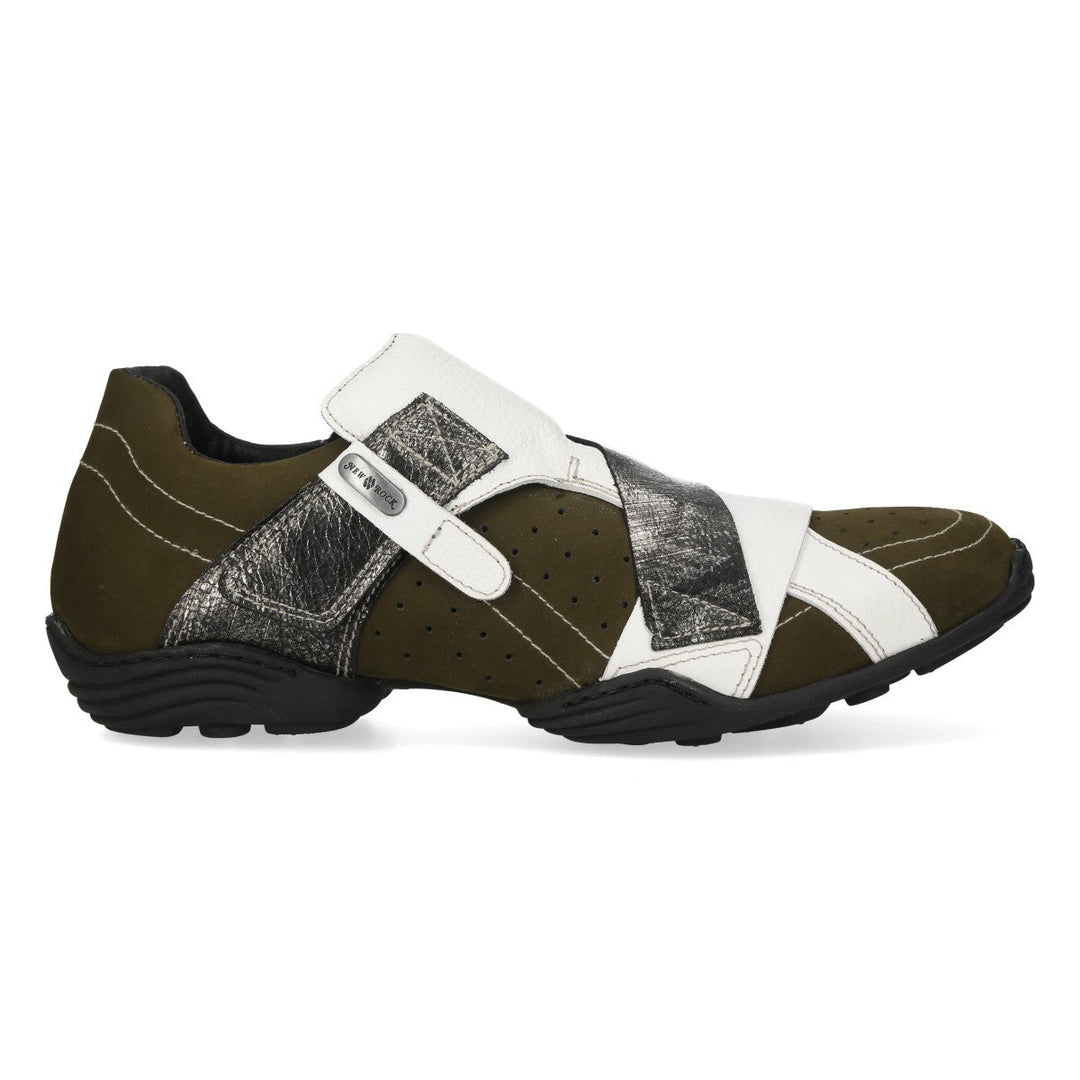 New Rock M-8133-S4 Olive White and Metallic Leather Strap Sneakers