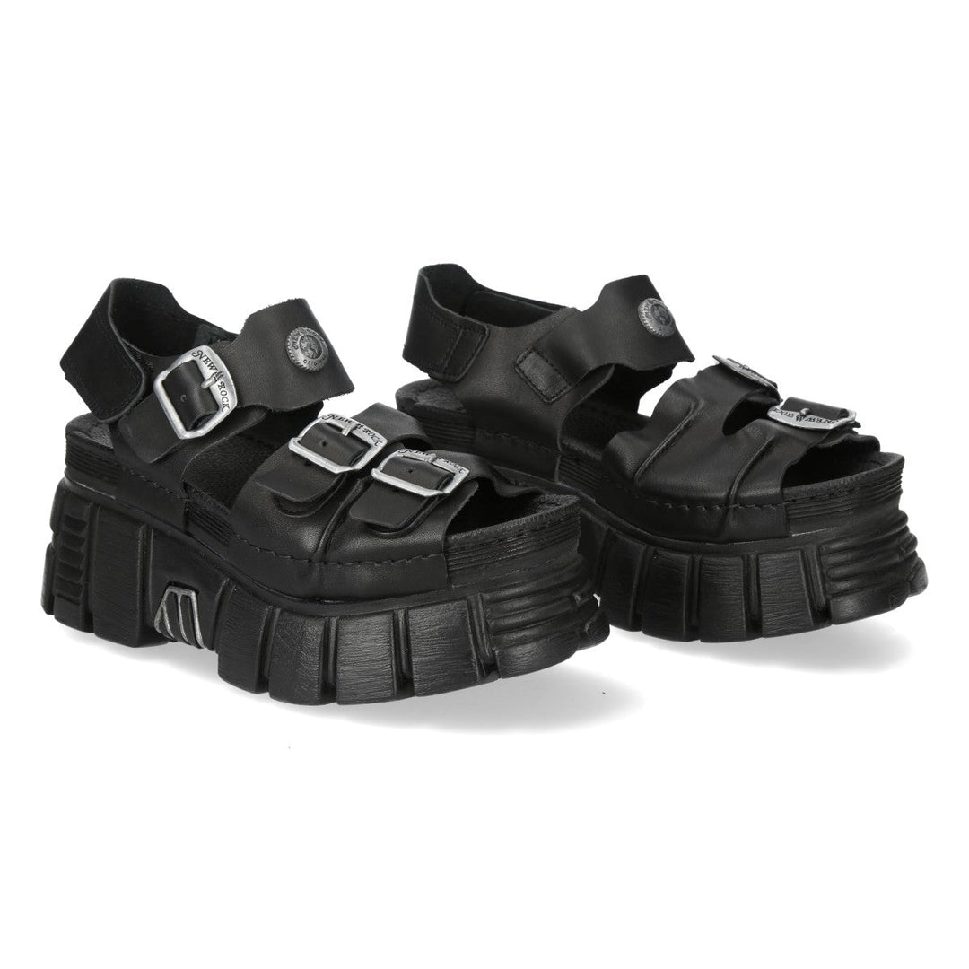 New Rock M-BIOS101-C31 Black Leather Triple Buckle Platform Sandals