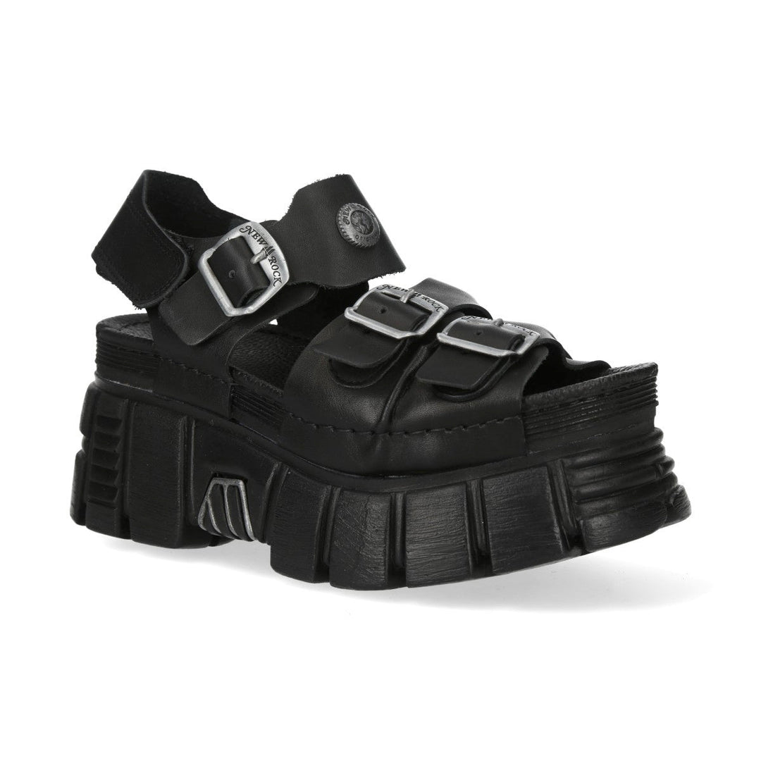 New Rock M-BIOS101-C31 Black Leather Triple Buckle Platform Sandals