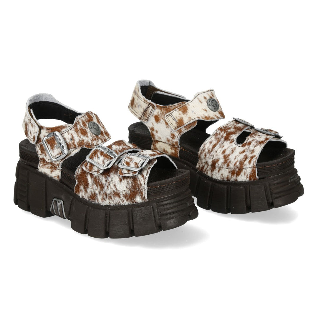 New Rock M-BIOS101-C36 Cow-Print Pony Hair Platform Sandals