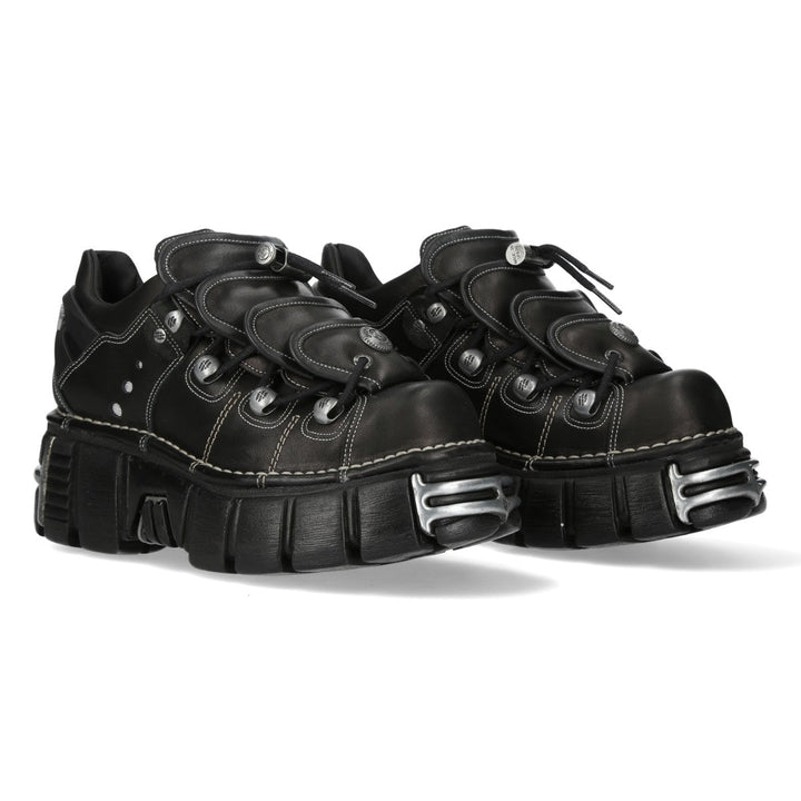 New Rock M-MET067-C1 Black Leather Contrast Stitch Platform Shoes