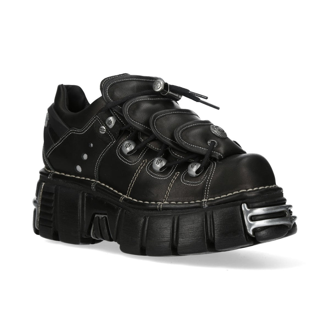 New Rock M-MET067-C1 Black Leather Contrast Stitch Platform Shoes