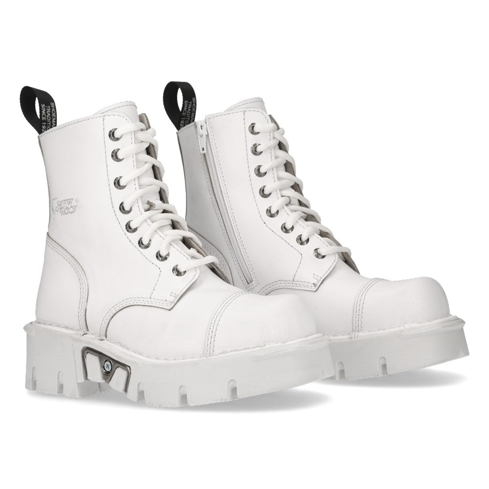 New Rock M-MILI083C-C5 White Leather Military Lace-Up Ankle Boots