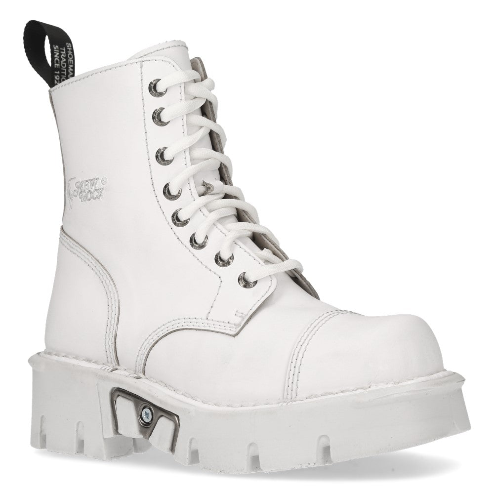 New Rock M-MILI083C-C5 White Leather Military Lace-Up Ankle Boots