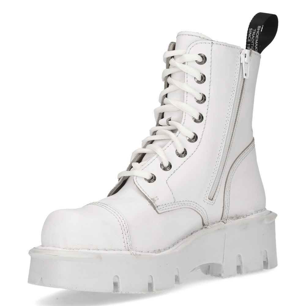 New Rock M-MILI083C-C5 White Leather Military Lace-Up Ankle Boots