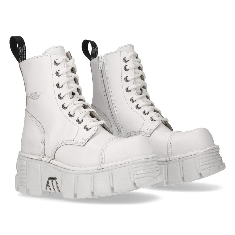 New Rock M-MILI083C-C7 White Leather Military Platform Ankle Boots