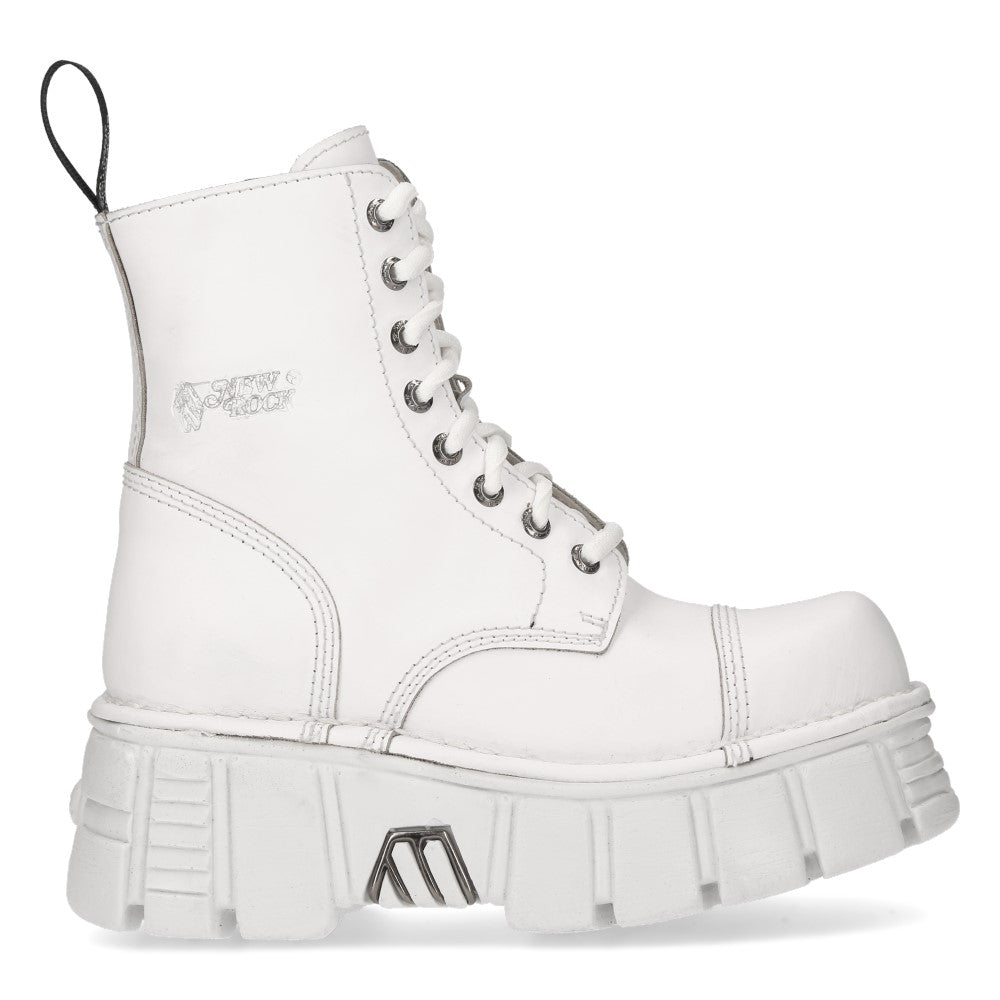 New Rock M-MILI083C-C7 White Leather Military Platform Ankle Boots
