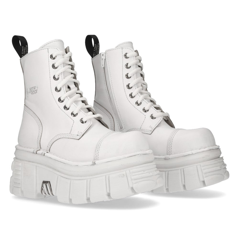 New Rock M-MILI083C-C8 White Leather Military Platform Ankle Boots