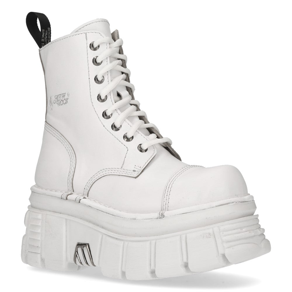 New Rock M-MILI083C-C8 White Leather Military Platform Ankle Boots