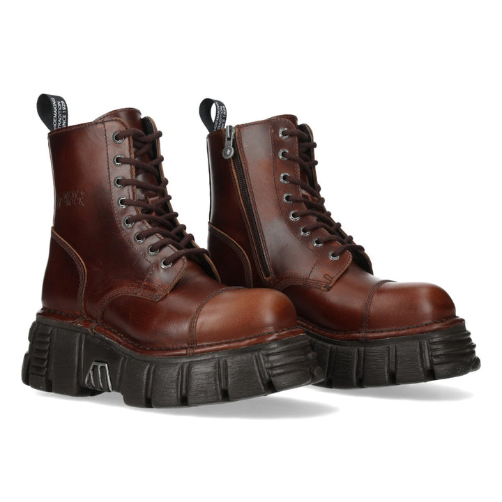 New Rock M-MILI083C-C93 Brown Burnished Leather Platform Ankle Boots
