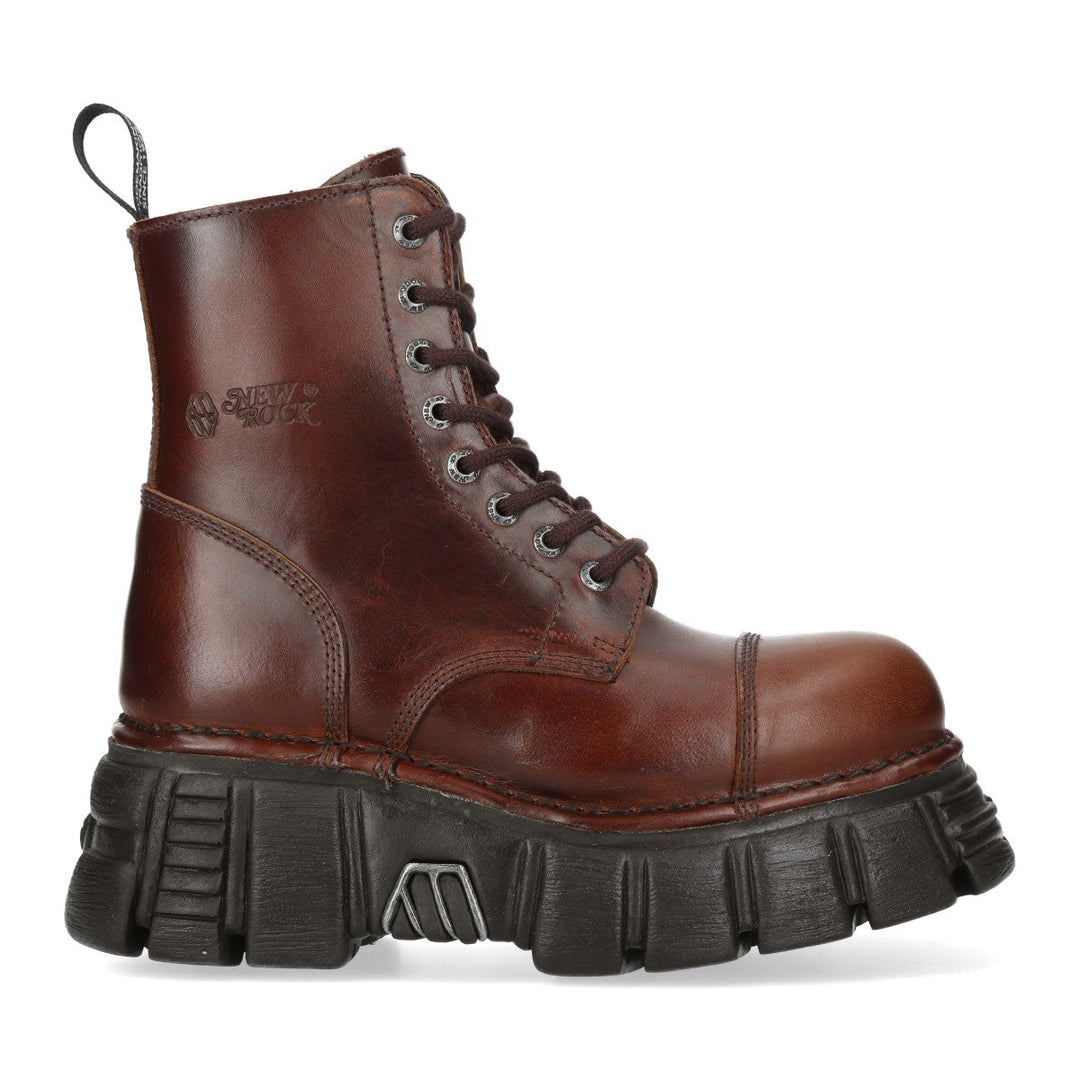 New Rock M-MILI083C-C93 Brown Burnished Leather Platform Ankle Boots