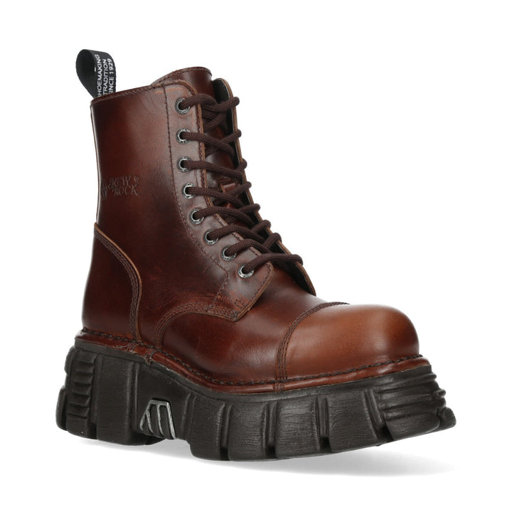 New Rock M-MILI083C-C93 Brown Burnished Leather Platform Ankle Boots