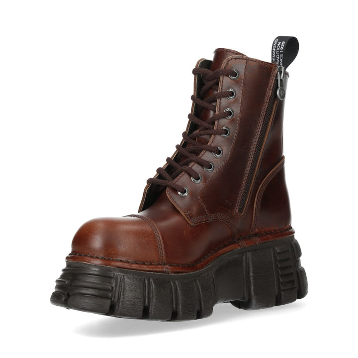 New Rock M-MILI083C-C93 Brown Burnished Leather Platform Ankle Boots