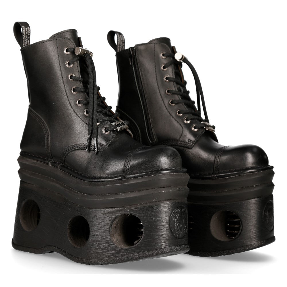 New Rock M-MILI083CCT-C3 Black Leather Military Boots with Cut-Out Platform