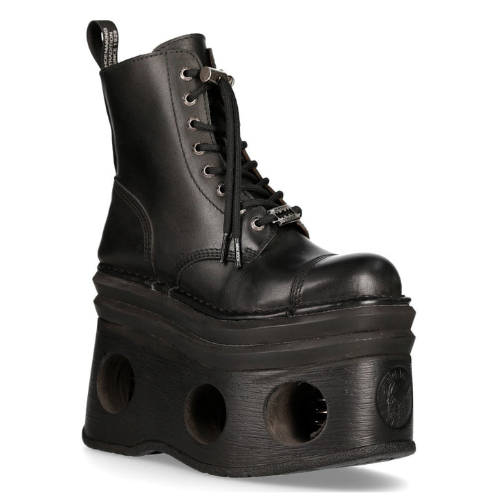 New Rock M-MILI083CCT-C3 Black Leather Military Boots with Cut-Out Platform