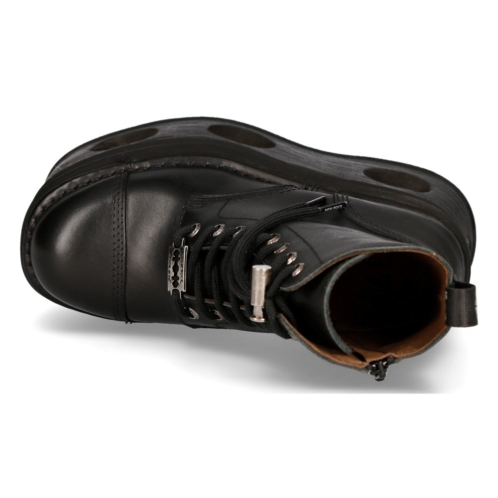 New Rock M-MILI083CCT-C3 Black Leather Military Boots with Cut-Out Platform