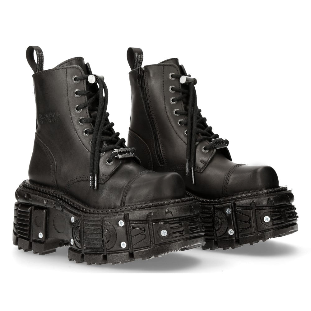 New Rock M-MILI083CCT-C8 Black Leather Military Boots on Tank Platform