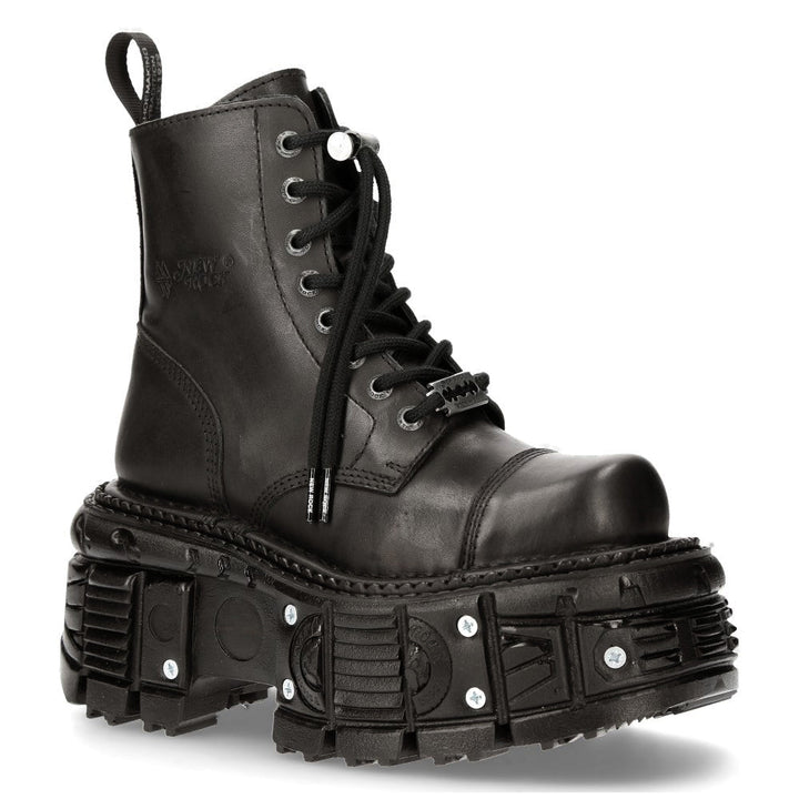New Rock M-MILI083CCT-C8 Black Leather Military Boots on Tank Platform