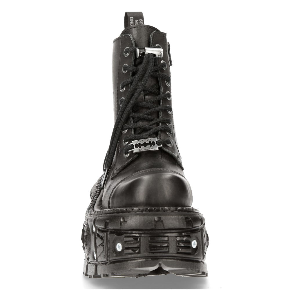 New Rock M-MILI083CCT-C8 Black Leather Military Boots on Tank Platform