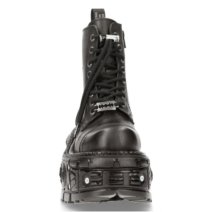 New Rock M-MILI083CCT-C8 Black Leather Military Boots on Tank Platform