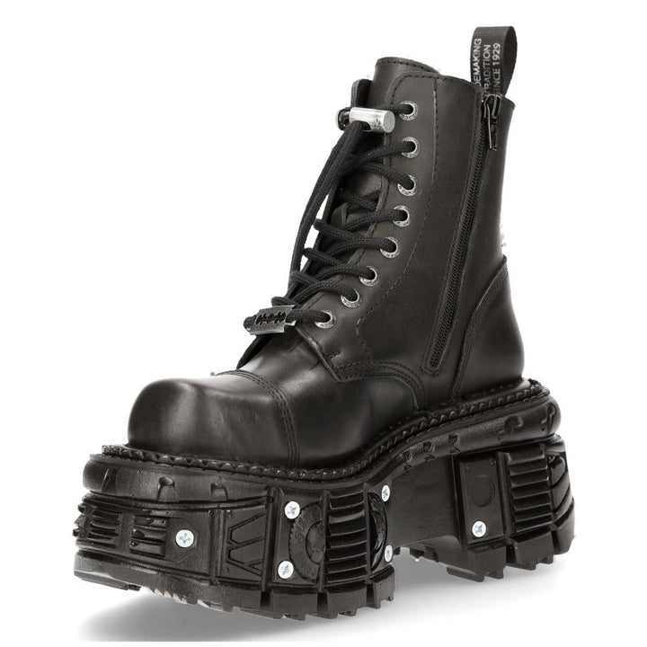New Rock M-MILI083CCT-C8 Black Leather Military Boots on Tank Platform