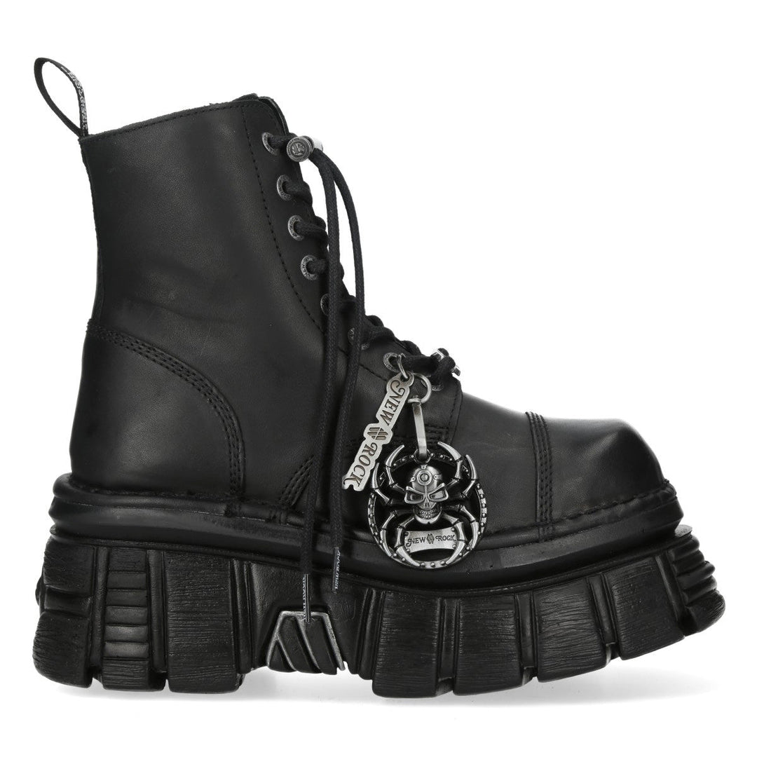 New Rock M-MILI083CCTA-C1 Black Leather Spider Charm Platform Ankle Boots