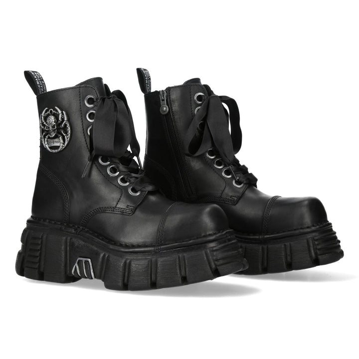 New Rock M-MILI083CCTA-C2 Black Leather Skull Medallion Platform Ankle Boots
