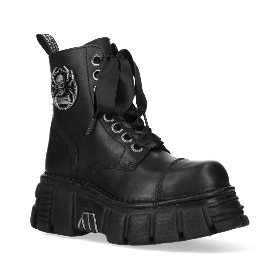 New Rock M-MILI083CCTA-C2 Black Leather Skull Medallion Platform Ankle Boots