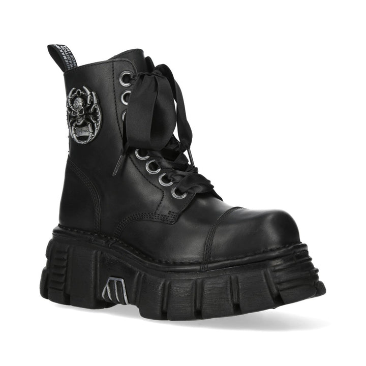 New Rock M-MILI083CCTA-C2 Black Leather Skull Medallion Platform Ankle Boots