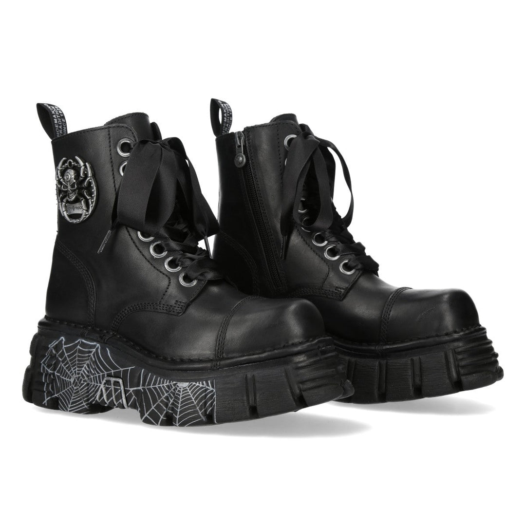 New Rock M-MILI083CCTA-C3 Black Leather Spiderweb Sole Platform Ankle Boots
