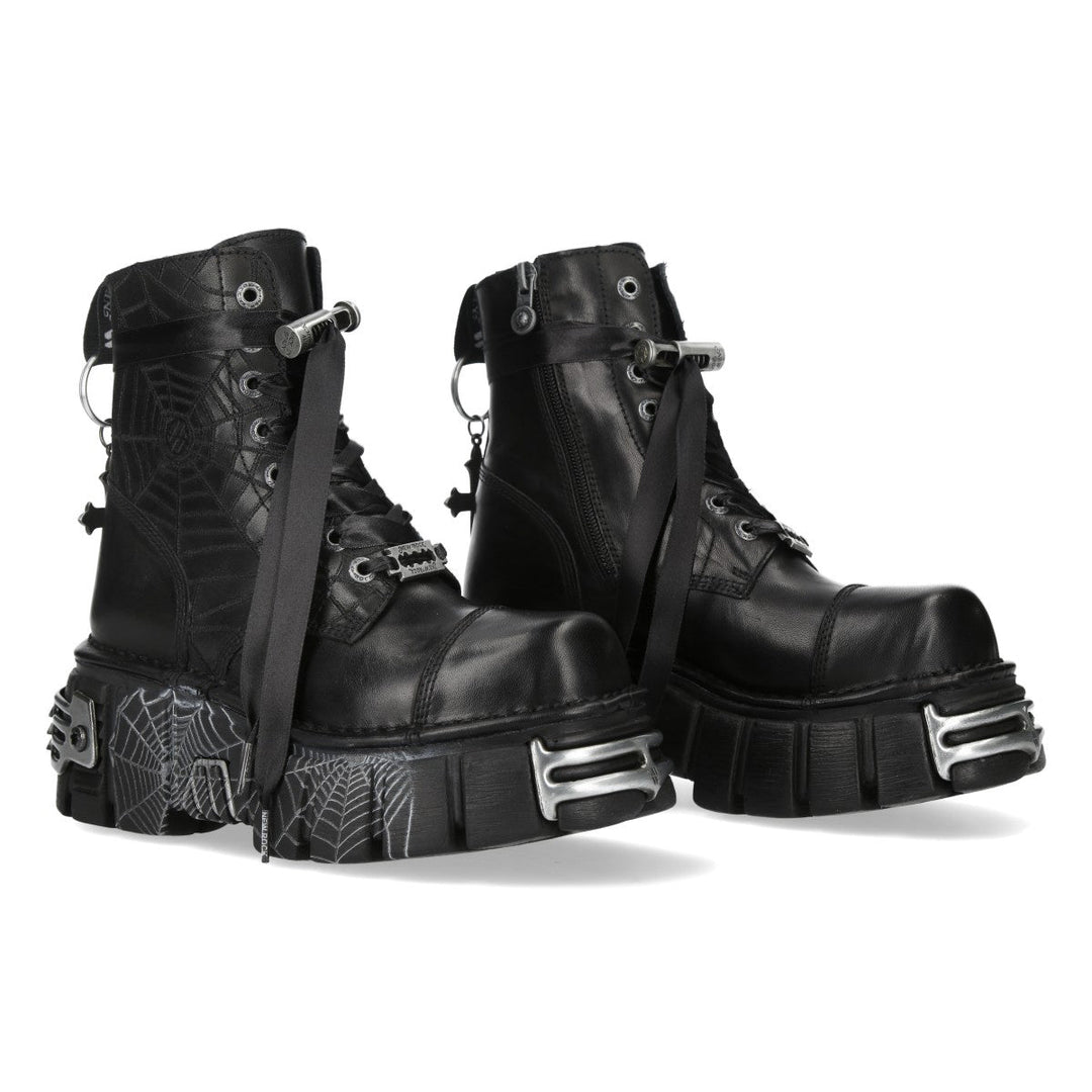 New Rock M-MILI083CCTCR-C5 Black Leather Spiderweb Platform Ankle Boots