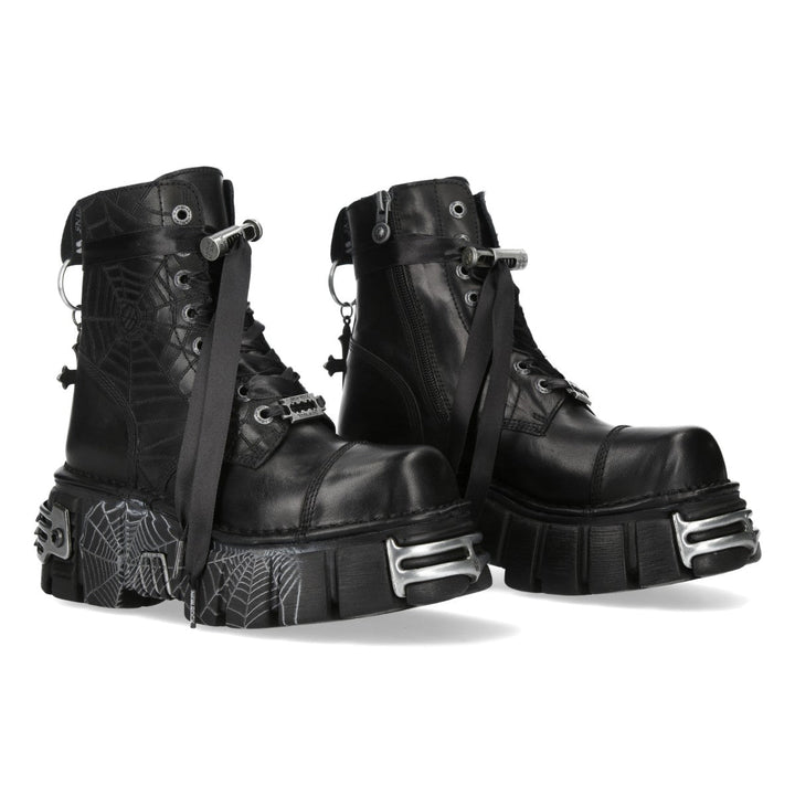 New Rock M-MILI083CCTCR-C5 Black Leather Spiderweb Platform Ankle Boots