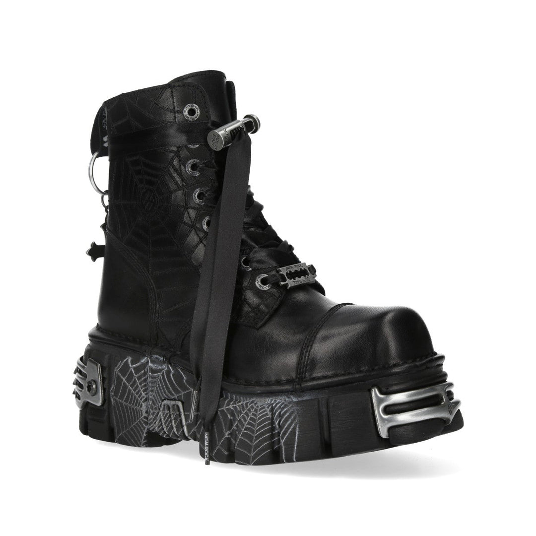 New Rock M-MILI083CCTCR-C5 Black Leather Spiderweb Platform Ankle Boots