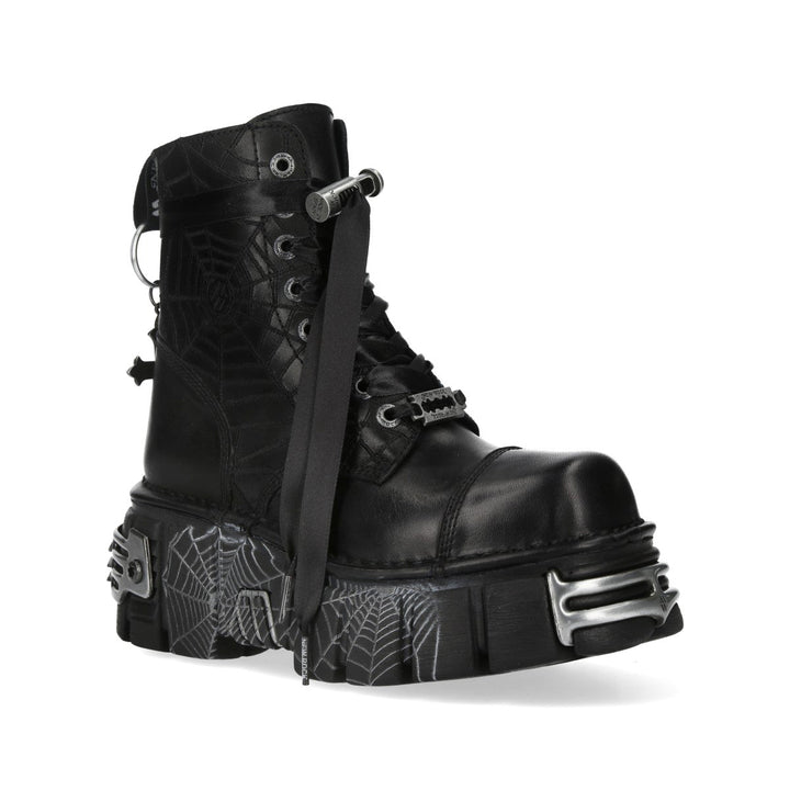 New Rock M-MILI083CCTCR-C5 Black Leather Spiderweb Platform Ankle Boots