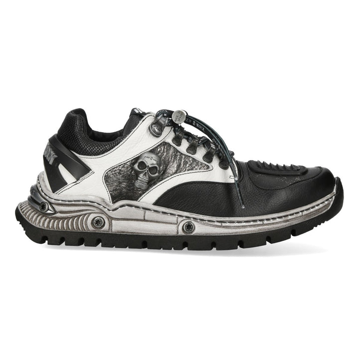 New Rock M-POWER015-C2 Black White Skull Print Leather Hybrid Sneakers