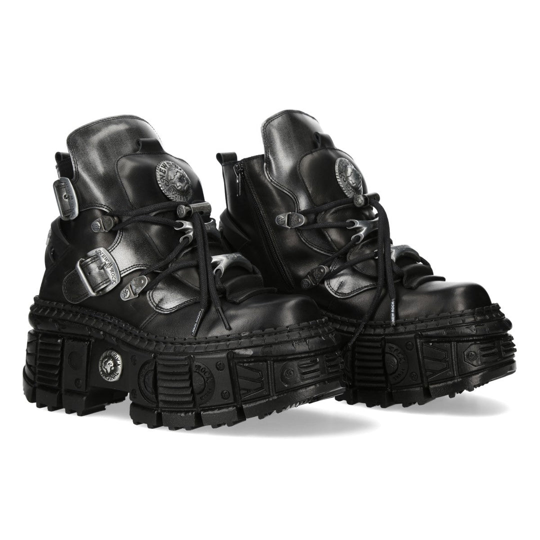 New Rock M-WALL052-C1 Black Leather Tank Platform Buckle Ankle Boots