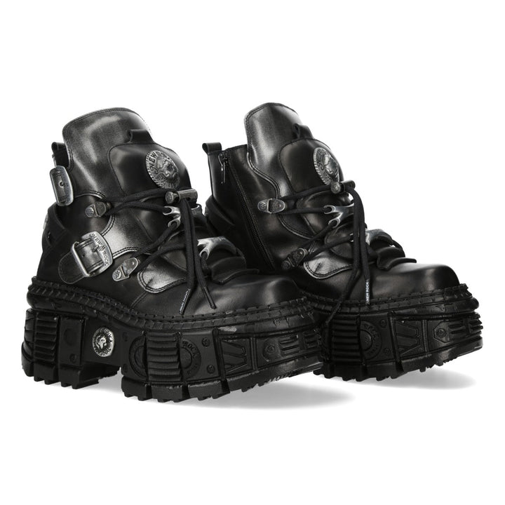 New Rock M-WALL052-C1 Black Leather Tank Platform Buckle Ankle Boots